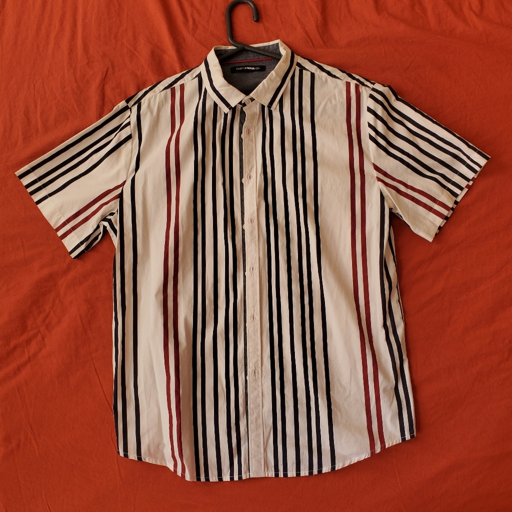 FashionNovamen Striped Button-Up Shirt - Black, White, Red